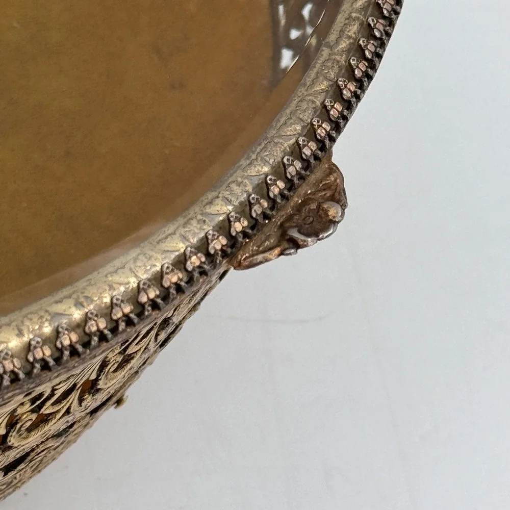 Vintage Ormolu Filigree Jewelry Casket Glass Vanity Box Hollywood Regency